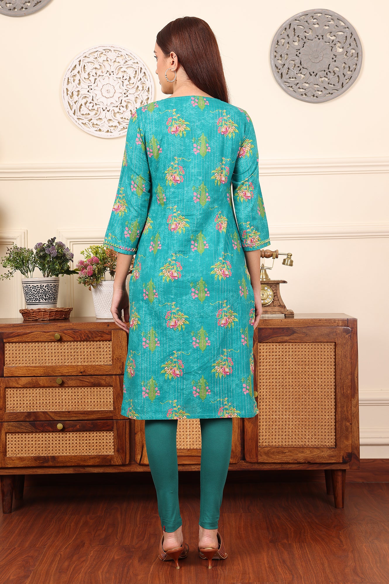 Dark Teal Floral Printed Embroidered Cotton Lurex Kurta - wforwoman