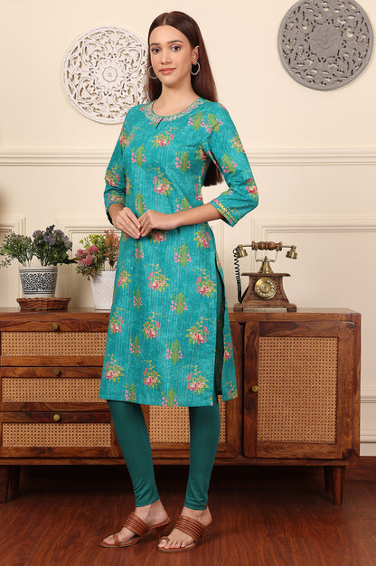 Dark Teal Floral Printed Embroidered Cotton Lurex Kurta - wforwoman