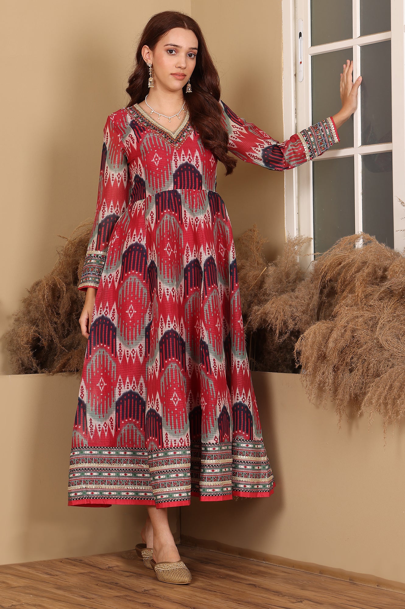 Red And Multi-Coloured Ikkat Printed Flared Dress With Thread &amp; Mirror Work - wforwoman