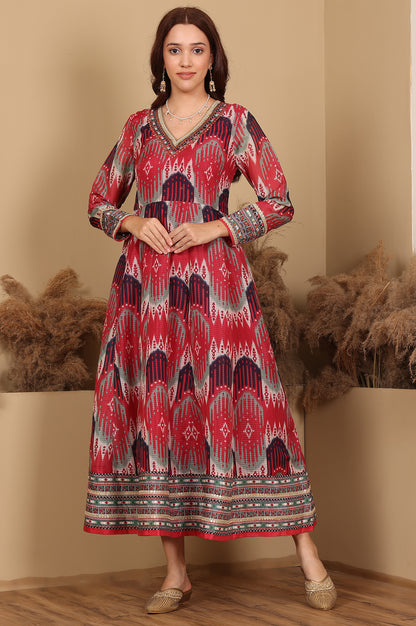 Red And Multi-Coloured Ikkat Printed Flared Dress With Thread &amp; Mirror Work - wforwoman