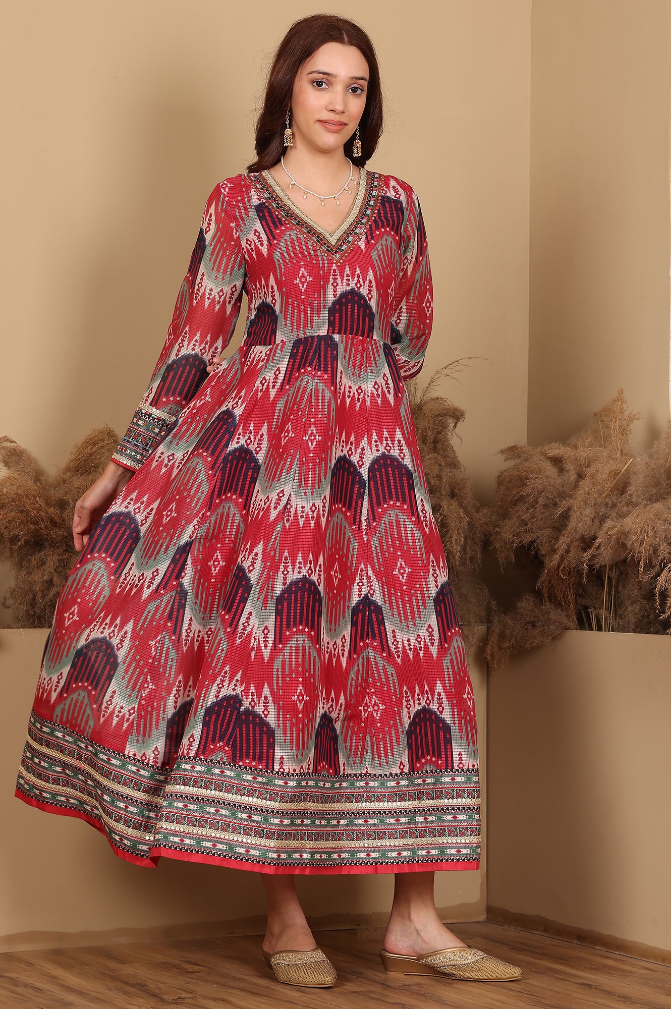 Red And Multi-Coloured Ikkat Printed Flared Dress With Thread &amp; Mirror Work - wforwoman