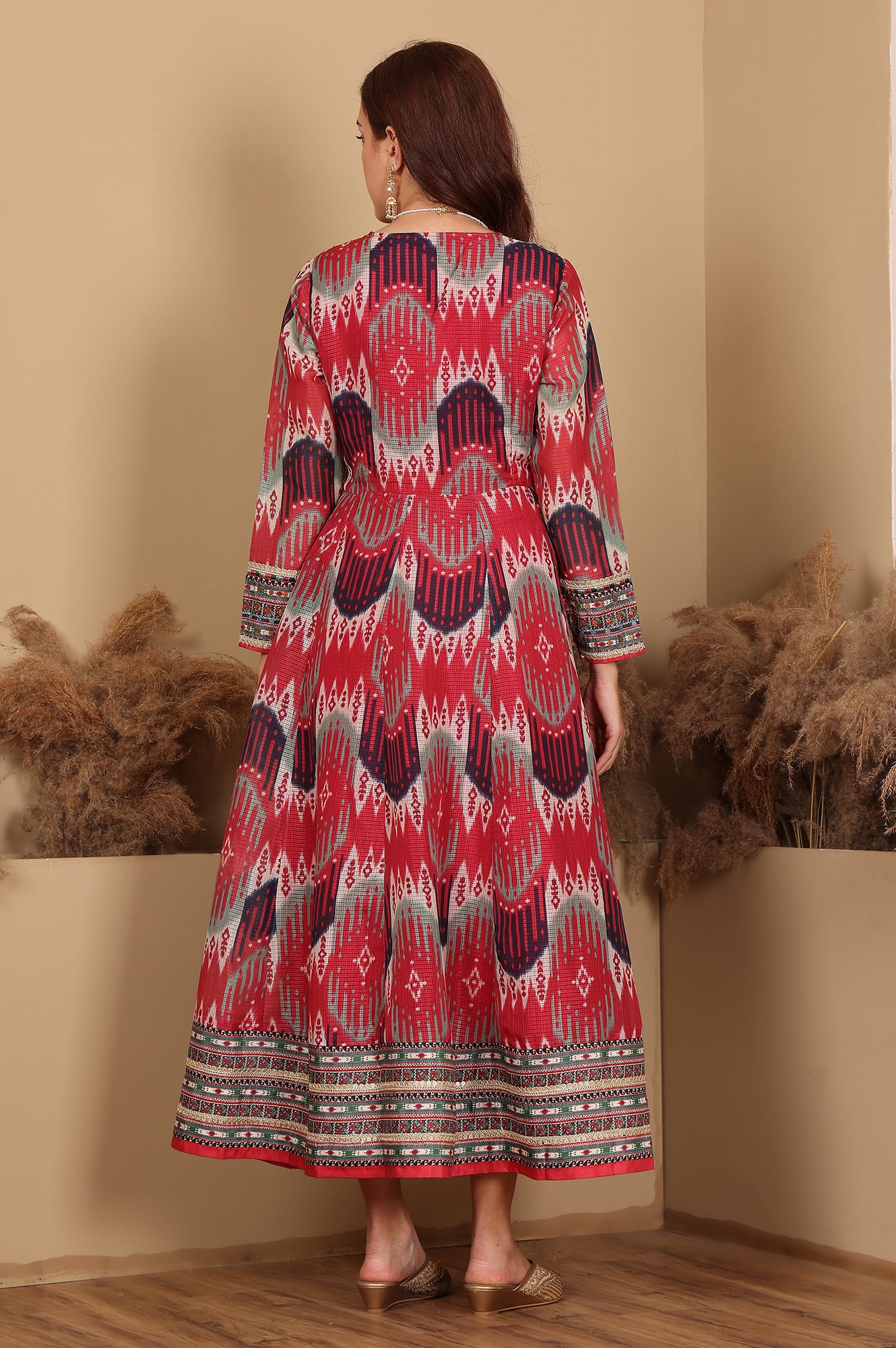 Red And Multi-Coloured Ikkat Printed Flared Dress With Thread &amp; Mirror Work - wforwoman