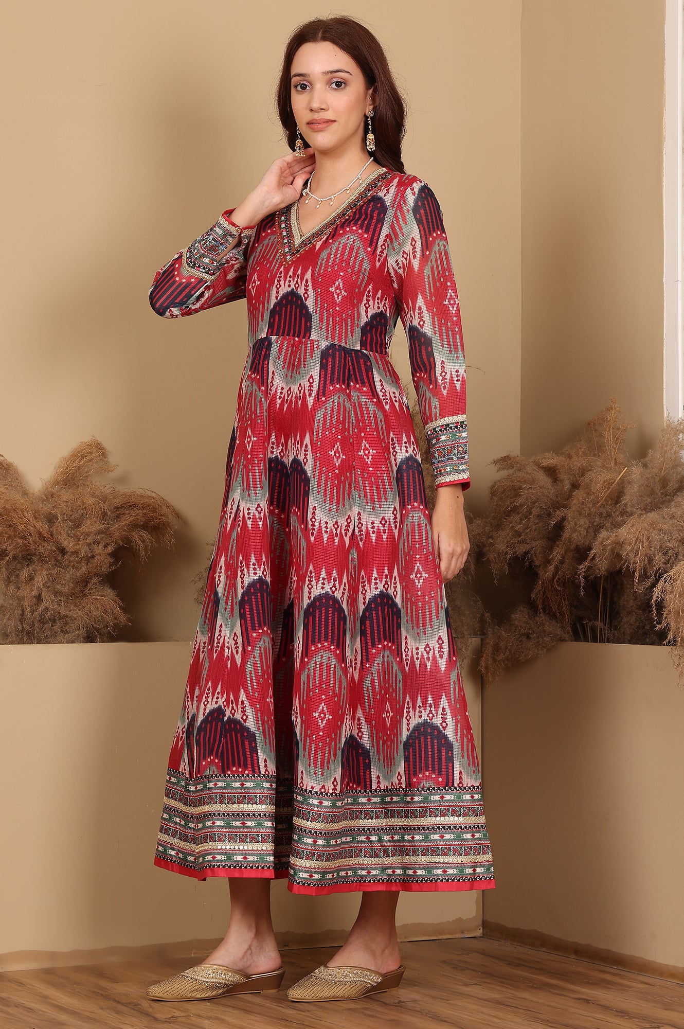 Red And Multi-Coloured Ikkat Printed Flared Dress With Thread &amp; Mirror Work - wforwoman