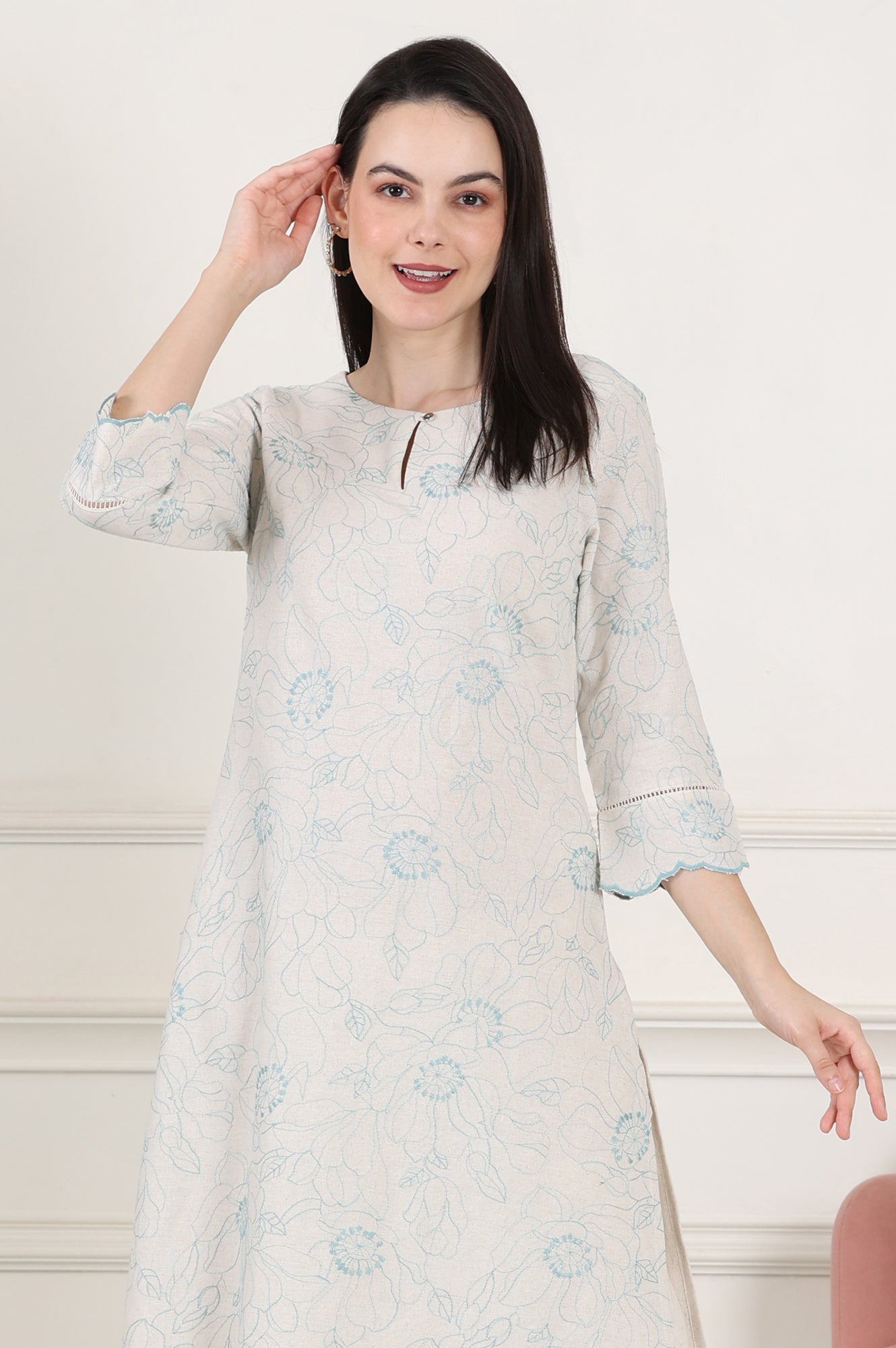 Buy Beige Thread Work Linen Straight Kurta With Scalloped Hemline ...