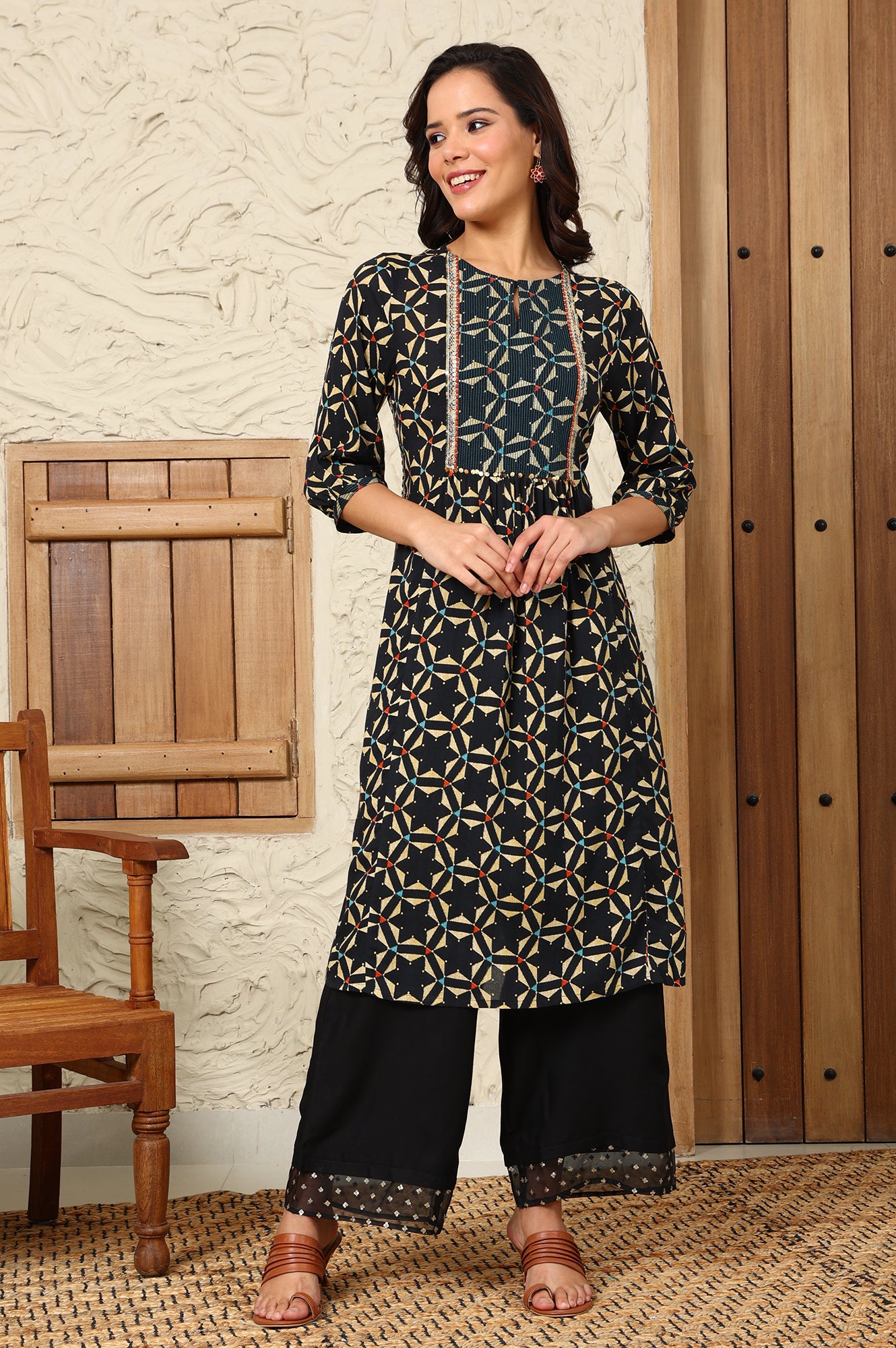 Black Geometric Printed Rayon Crepe A-Line Kurta With Metallic Embroidery On Yoke - wforwoman