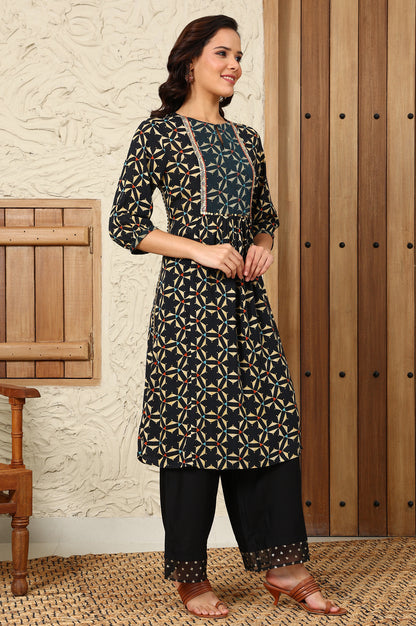 Black Geometric Printed Rayon Crepe A-Line Kurta With Metallic Embroidery On Yoke - wforwoman