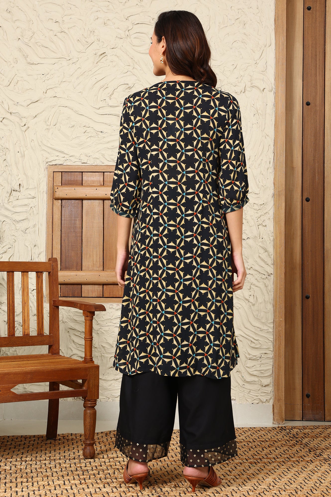 Black Geometric Printed Rayon Crepe A-Line Kurta With Metallic Embroidery On Yoke - wforwoman