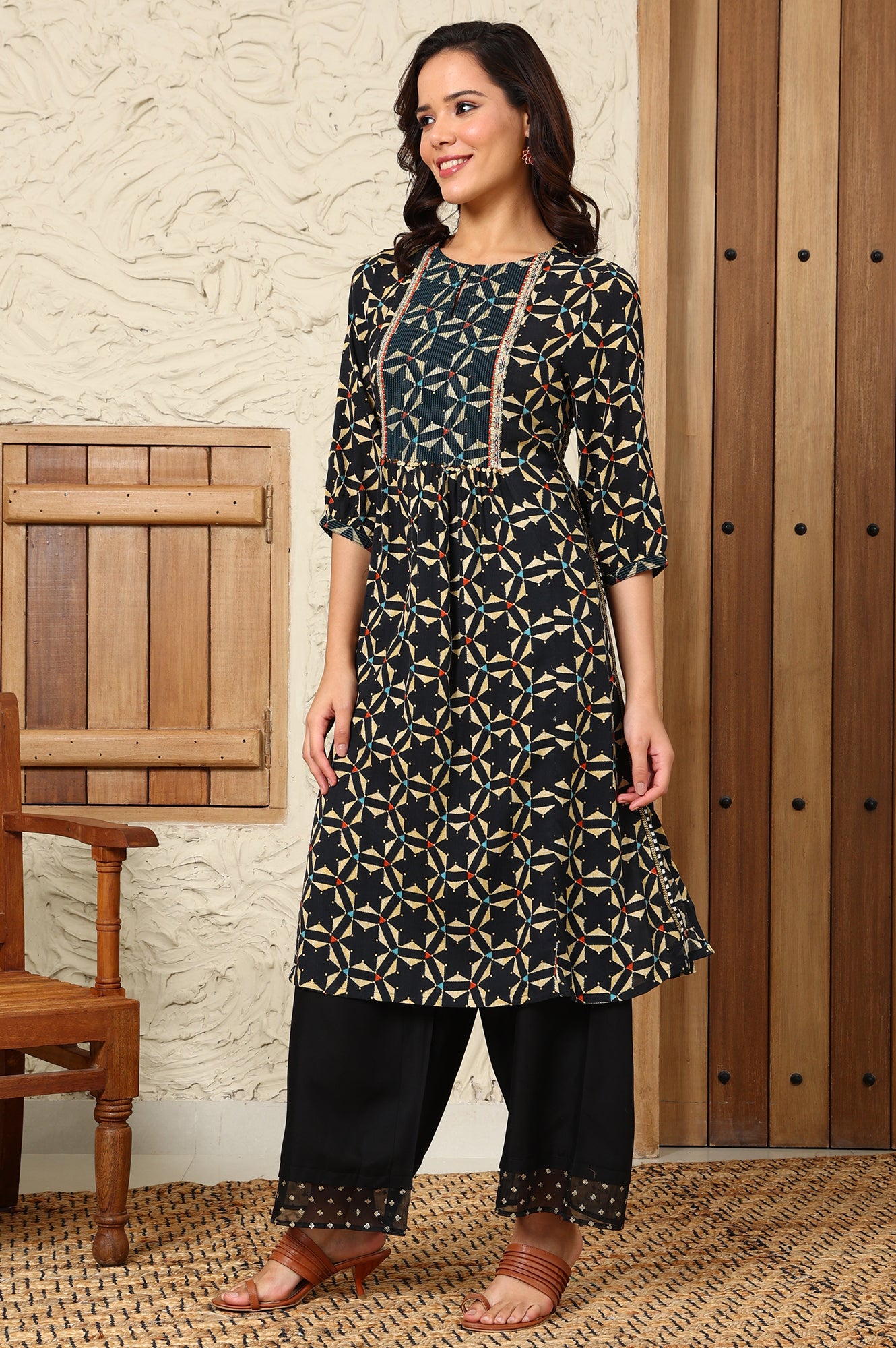 Black Geometric Printed Rayon Crepe A-Line Kurta With Metallic Embroidery On Yoke - wforwoman