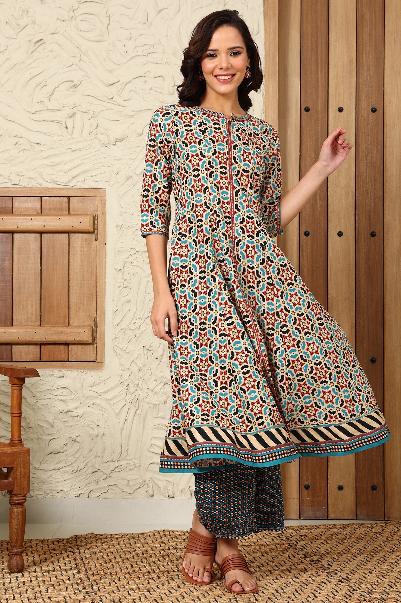 Multi-Coloured Geometric Printed Pure Cotton Flared Kurta With Metallic Embroidered Neckline - wforwoman