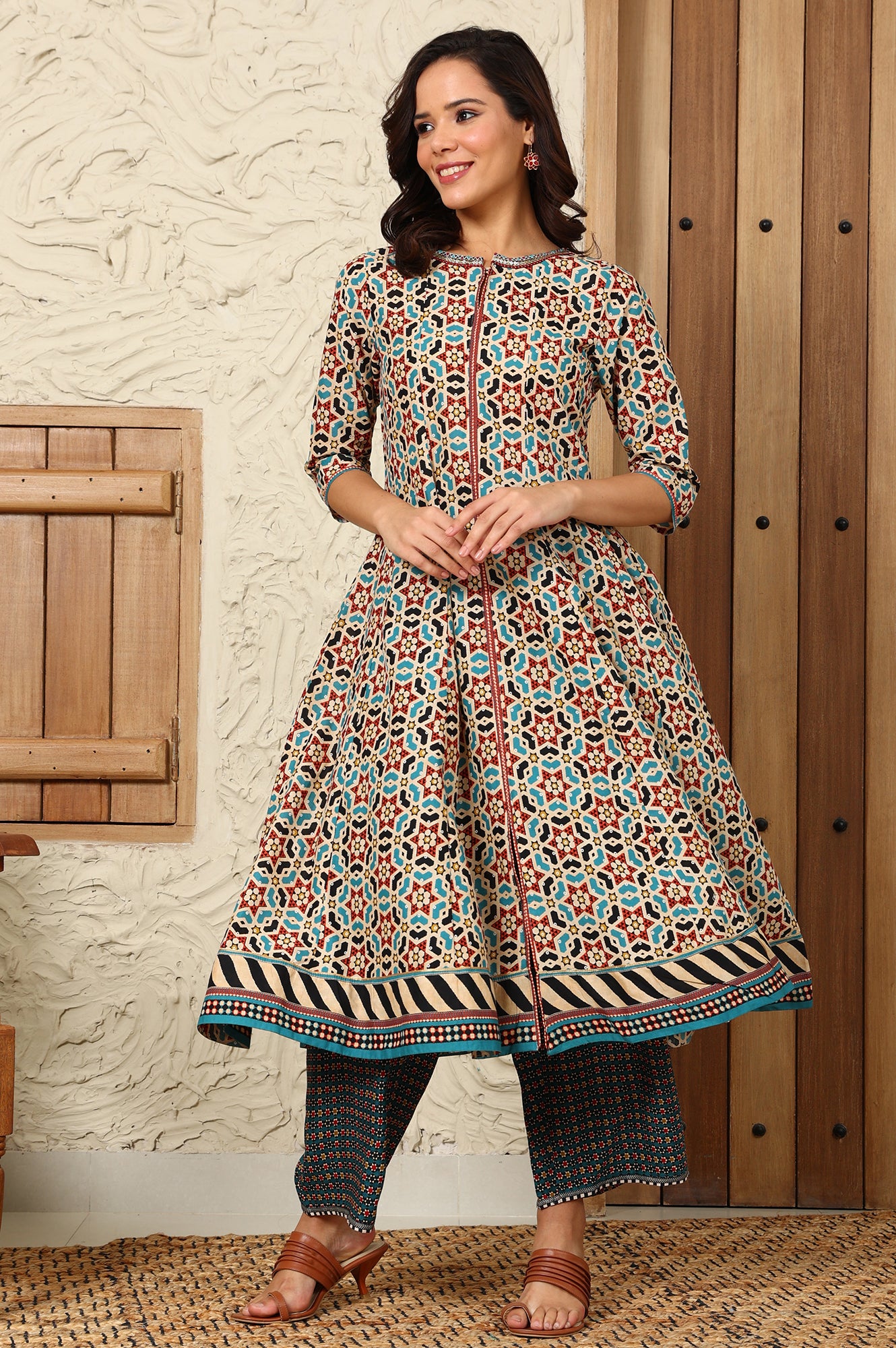 Multi-Coloured Geometric Printed Pure Cotton Flared Kurta With Metallic Embroidered Neckline - wforwoman