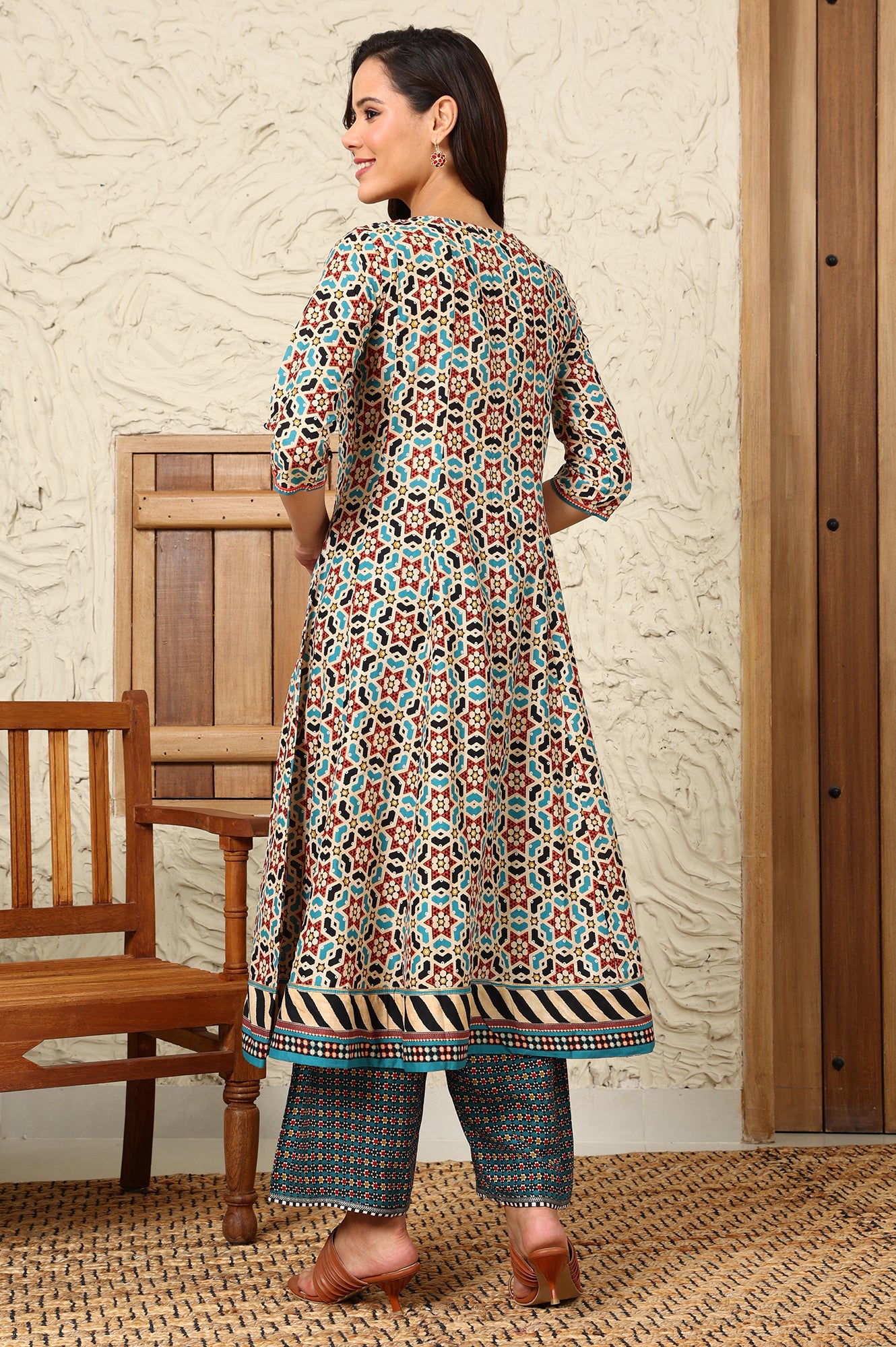 Multi-Coloured Geometric Printed Pure Cotton Flared Kurta With Metallic Embroidered Neckline - wforwoman