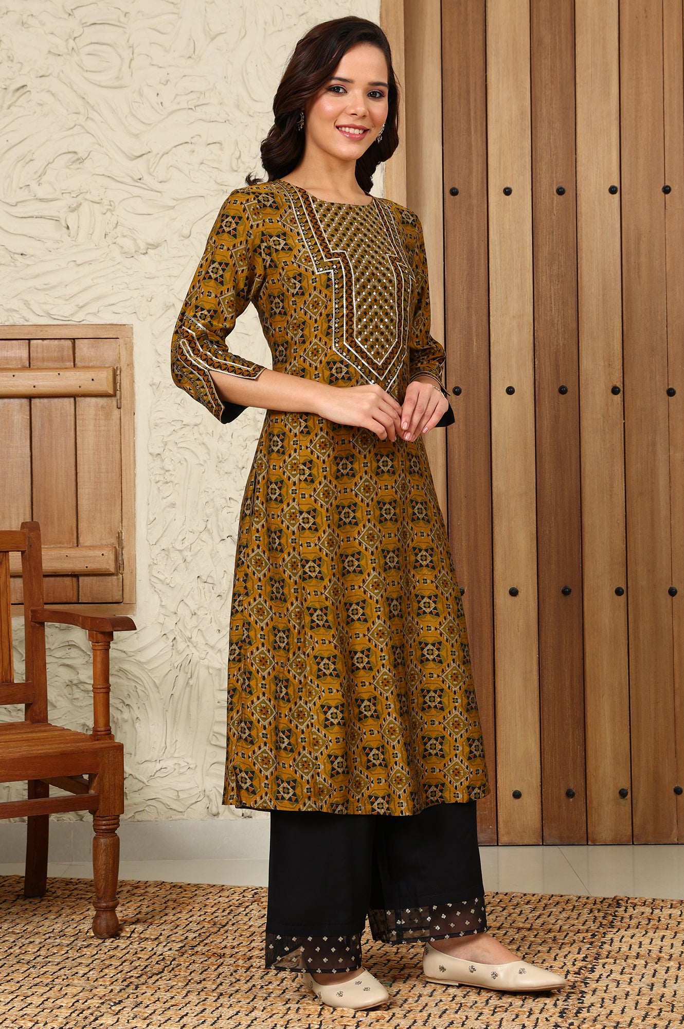 Mustard Yellow Geometric Printed Sequined Straight Kurta - wforwoman