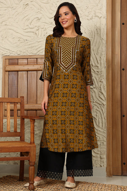 Mustard Yellow Geometric Printed Sequined Straight Kurta - wforwoman