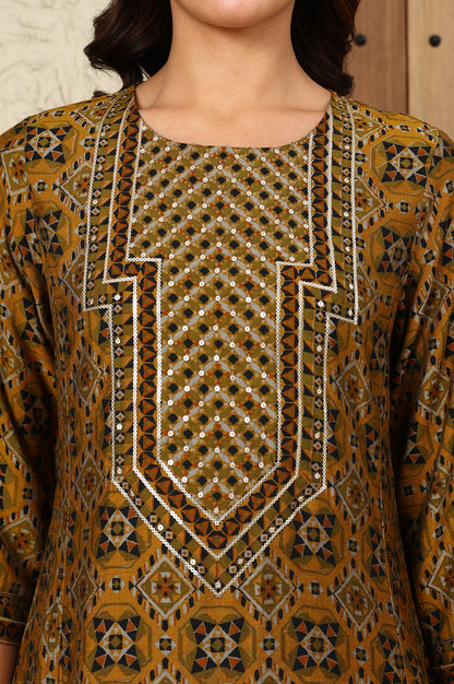 Mustard Yellow Geometric Printed Sequined Straight Kurta - wforwoman