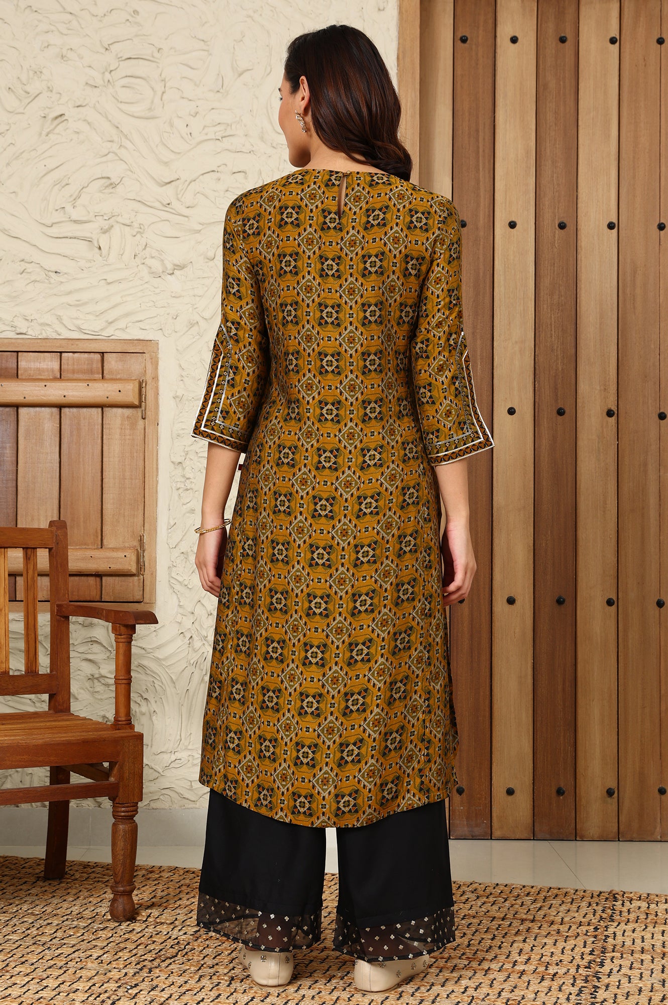 Mustard Yellow Geometric Printed Sequined Straight Kurta - wforwoman