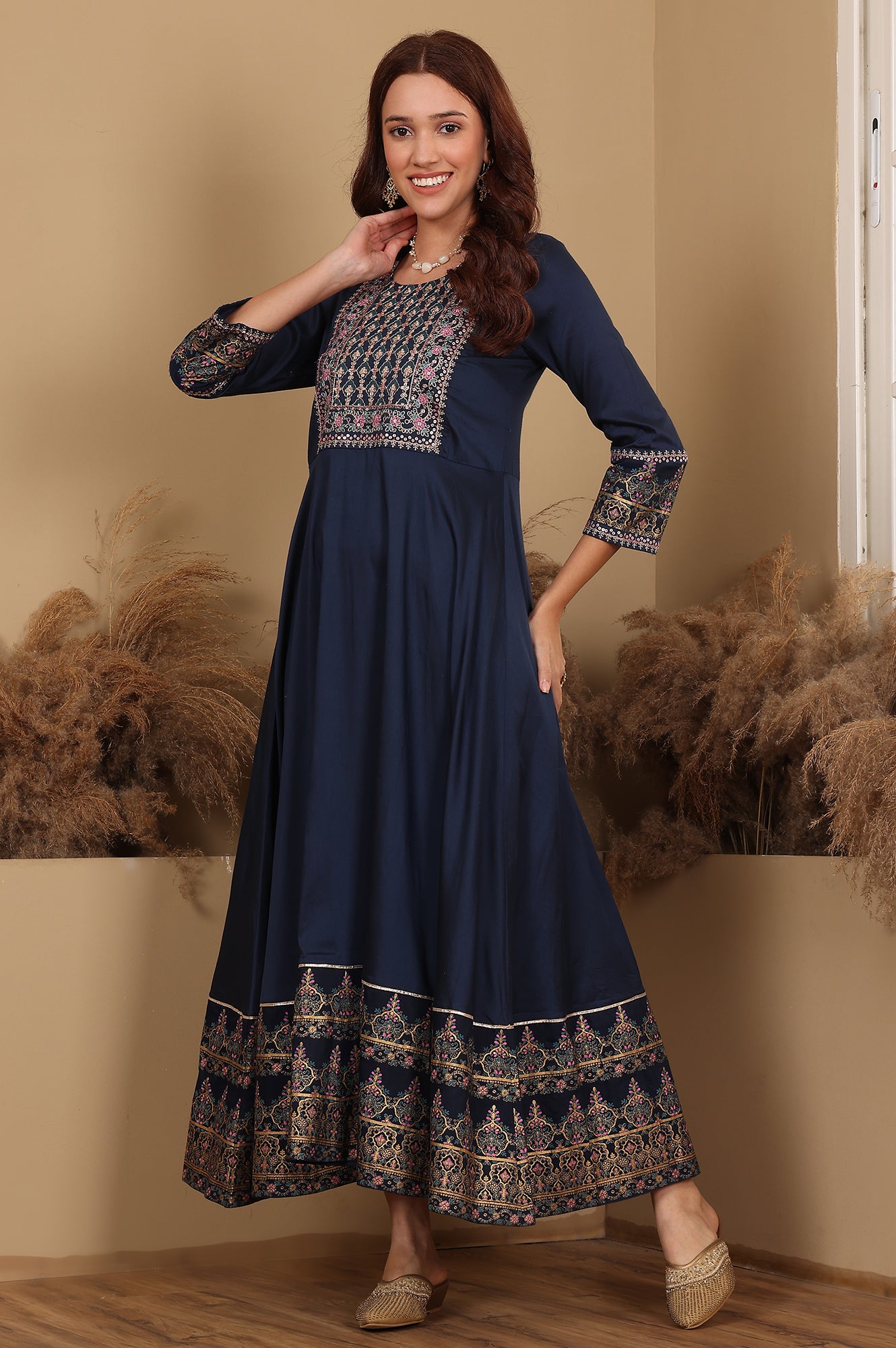 Navy Blue Embroidered Anarkali Dress - wforwoman