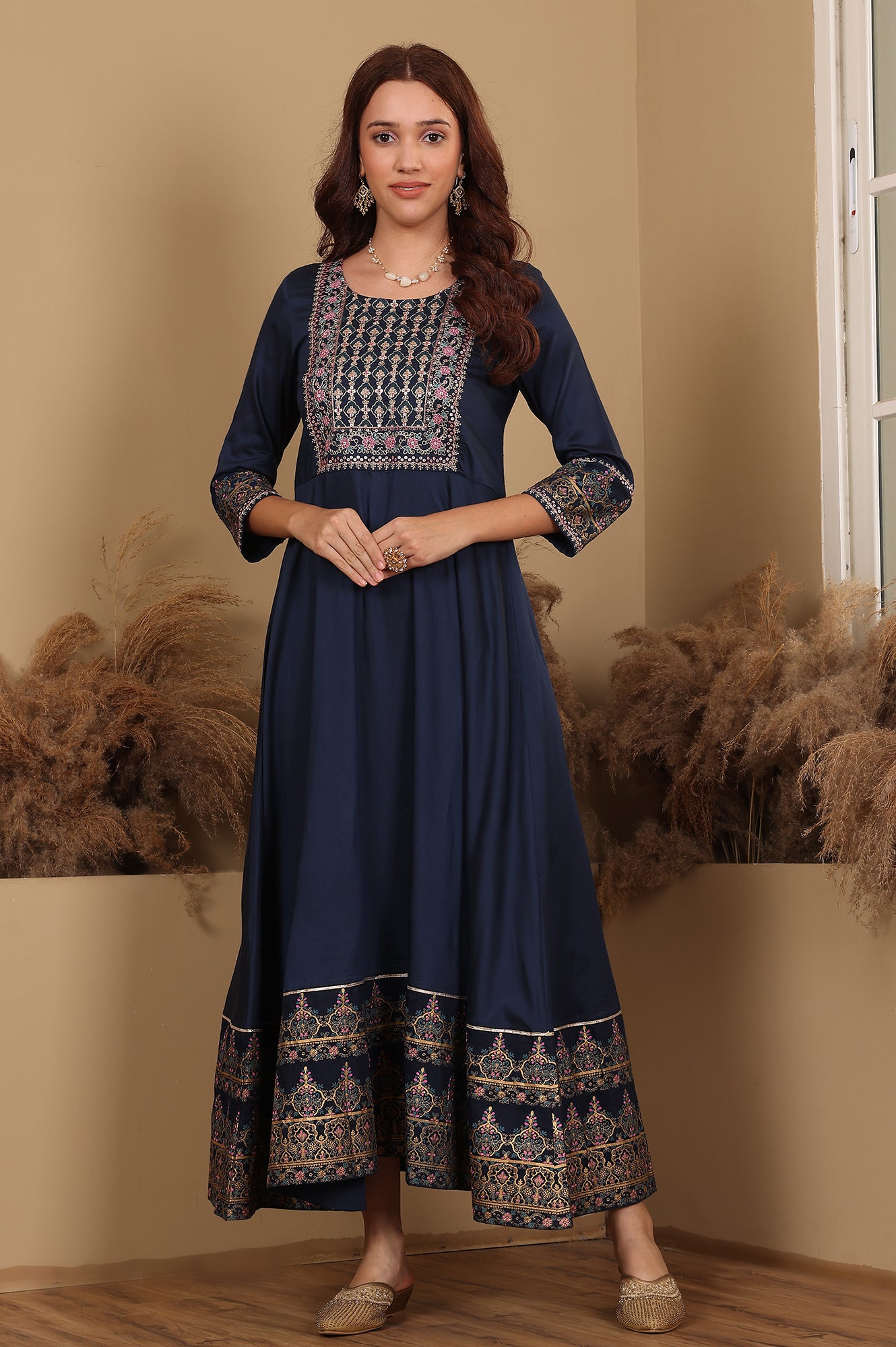 Navy Blue Embroidered Anarkali Dress - wforwoman