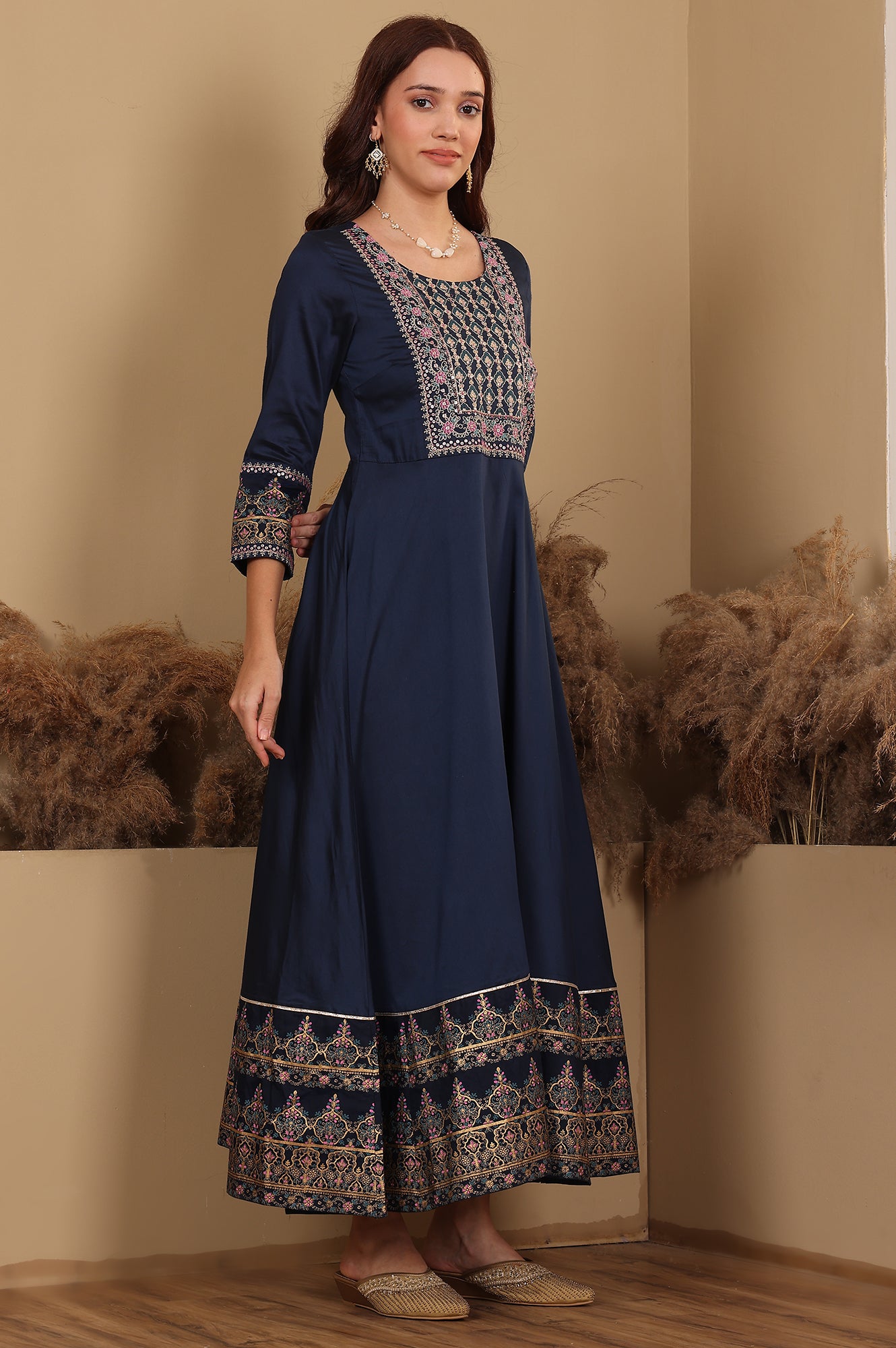 Navy Blue Embroidered Anarkali Dress - wforwoman