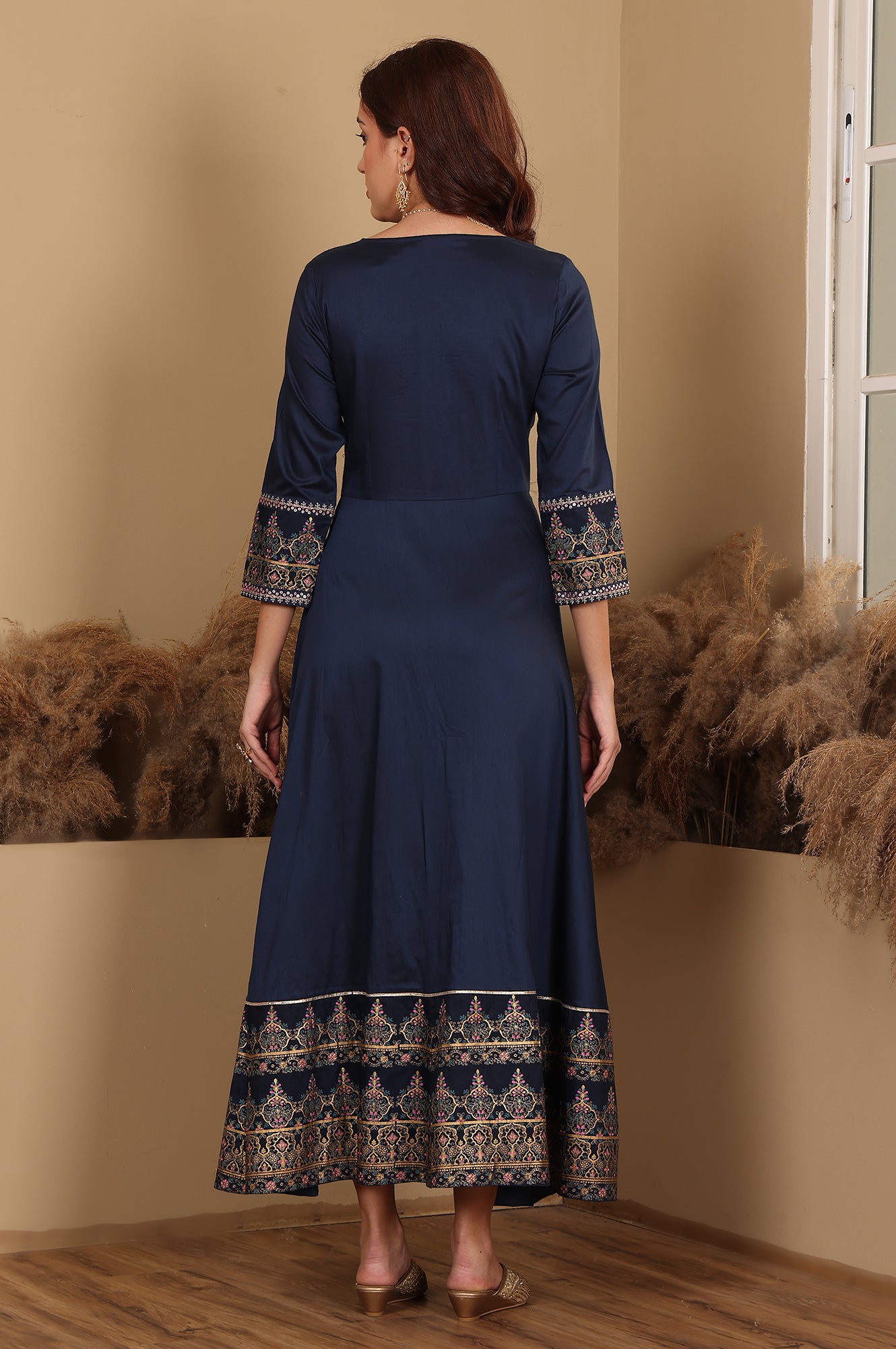 Navy Blue Embroidered Anarkali Dress - wforwoman