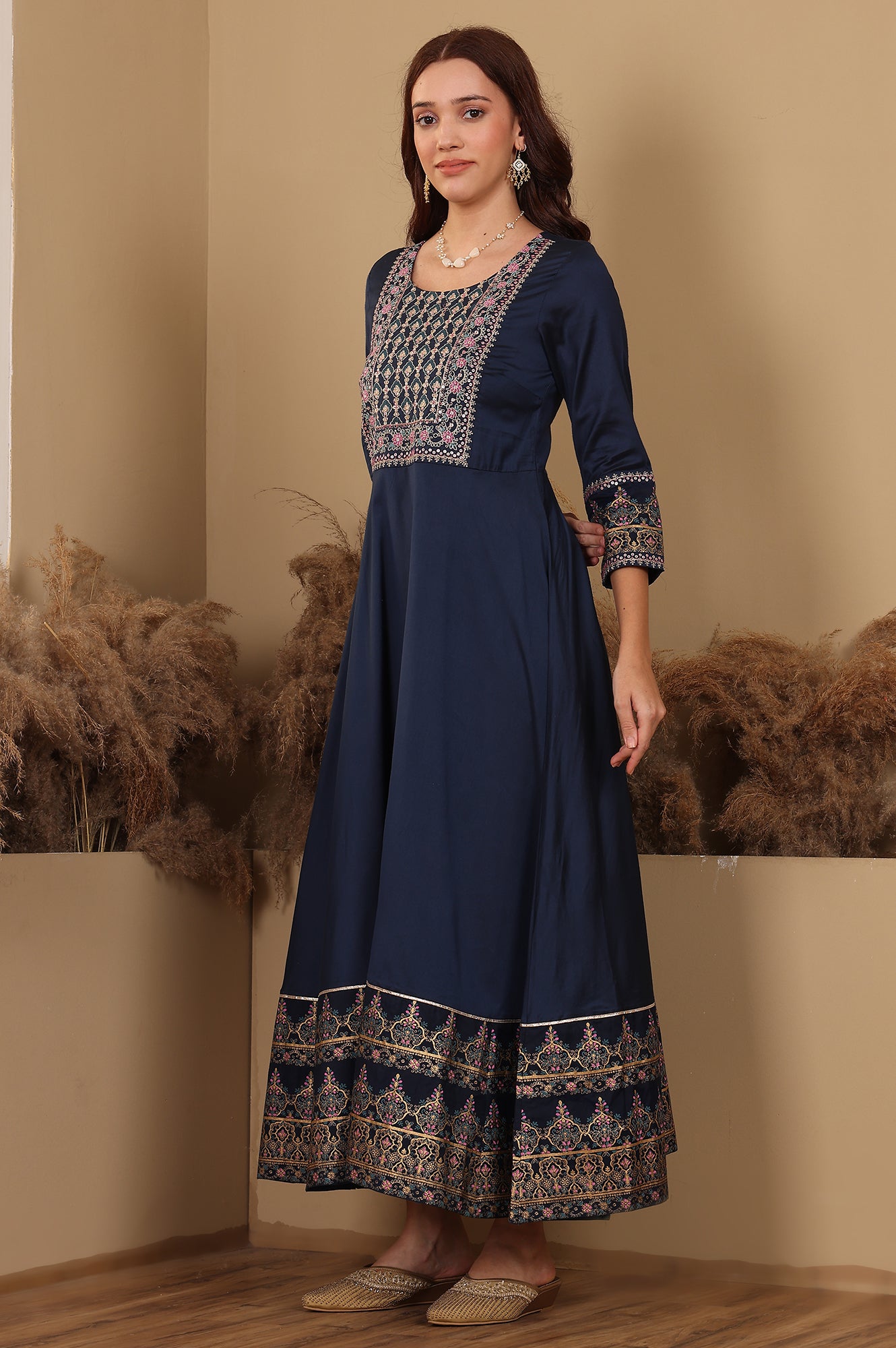 Navy Blue Embroidered Anarkali Dress - wforwoman