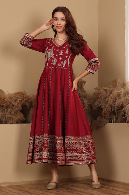 Deep Red Embroidered Anarkali Dress - wforwoman