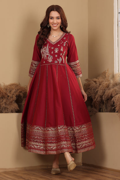 Deep Red Embroidered Anarkali Dress - wforwoman