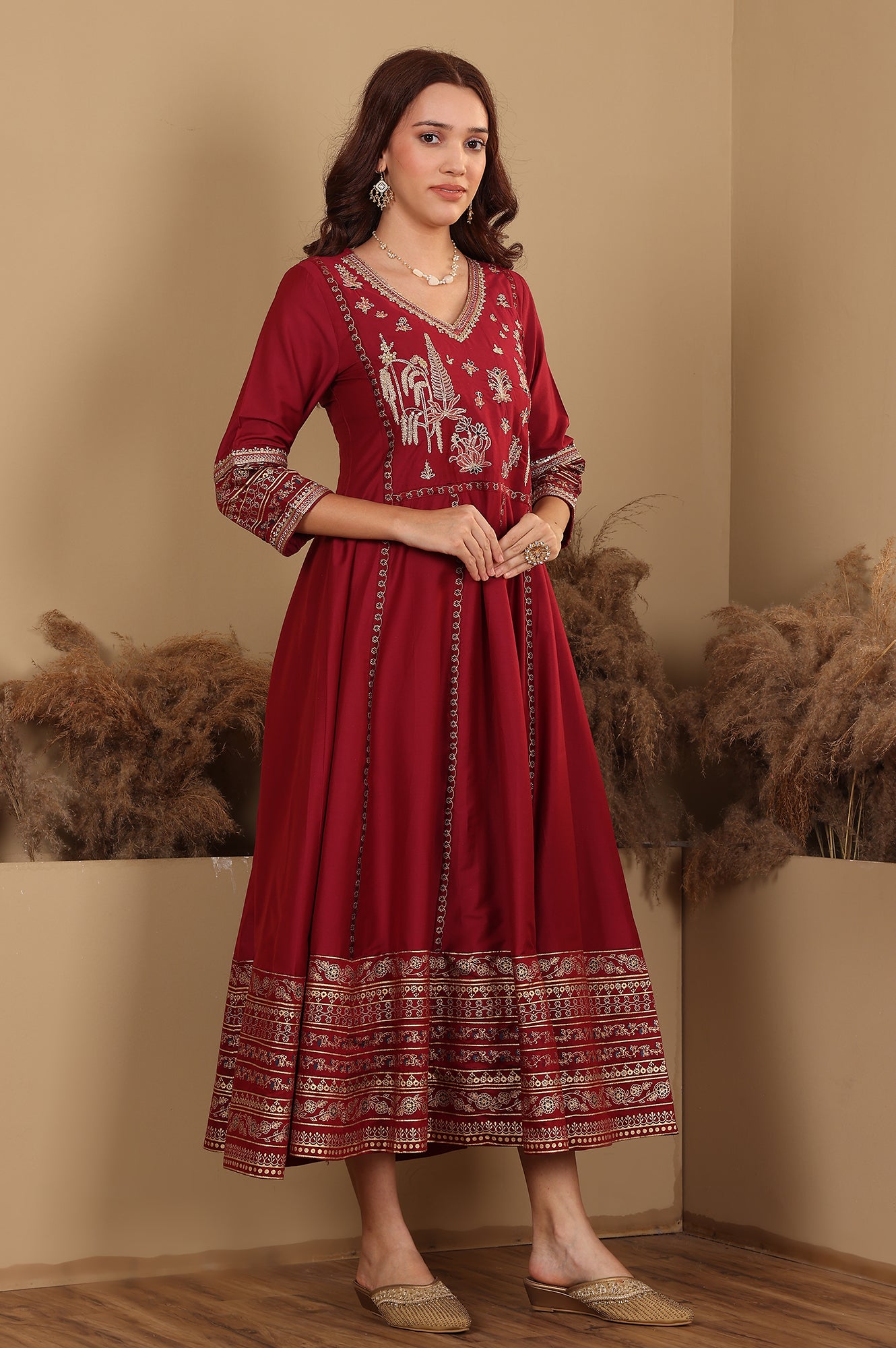 Deep Red Embroidered Anarkali Dress - wforwoman