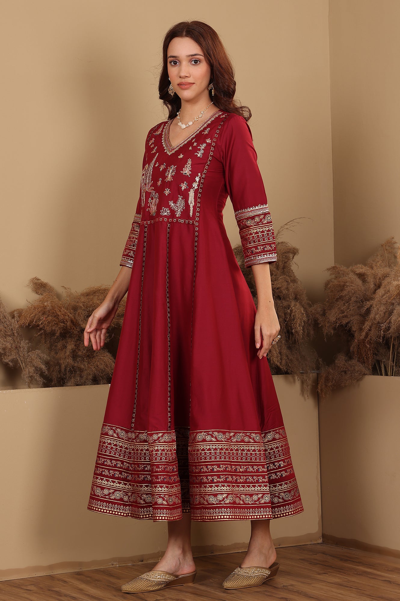 Deep Red Embroidered Anarkali Dress - wforwoman