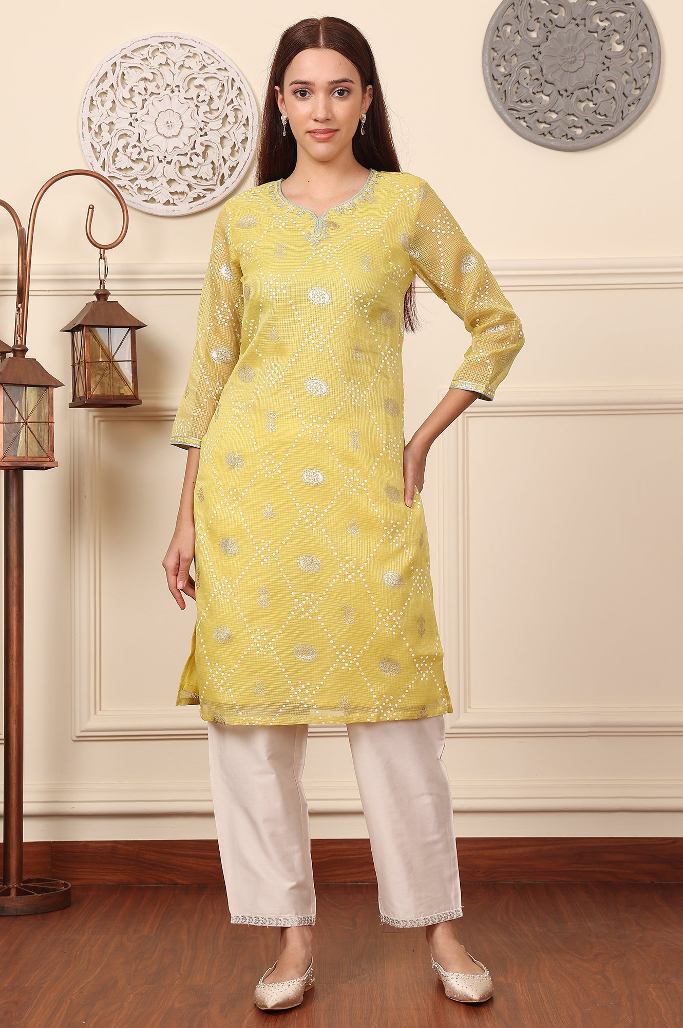 Yellow Foil Printed Kota Doriya Kurta With Zari Embroidered Neck - wforwoman