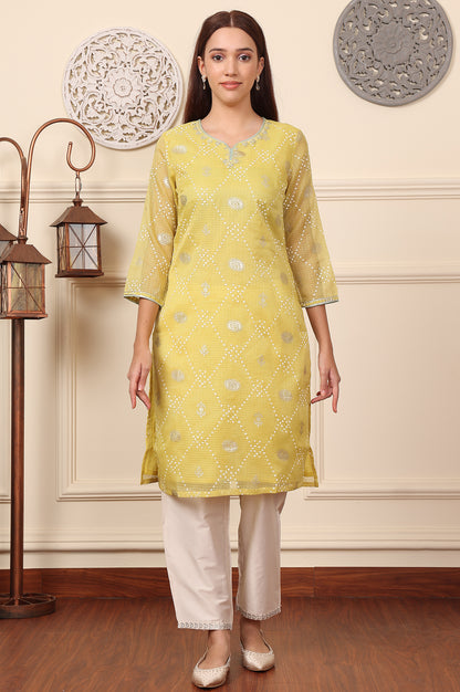 Yellow Foil Printed Kota Doriya Kurta With Zari Embroidered Neck - wforwoman