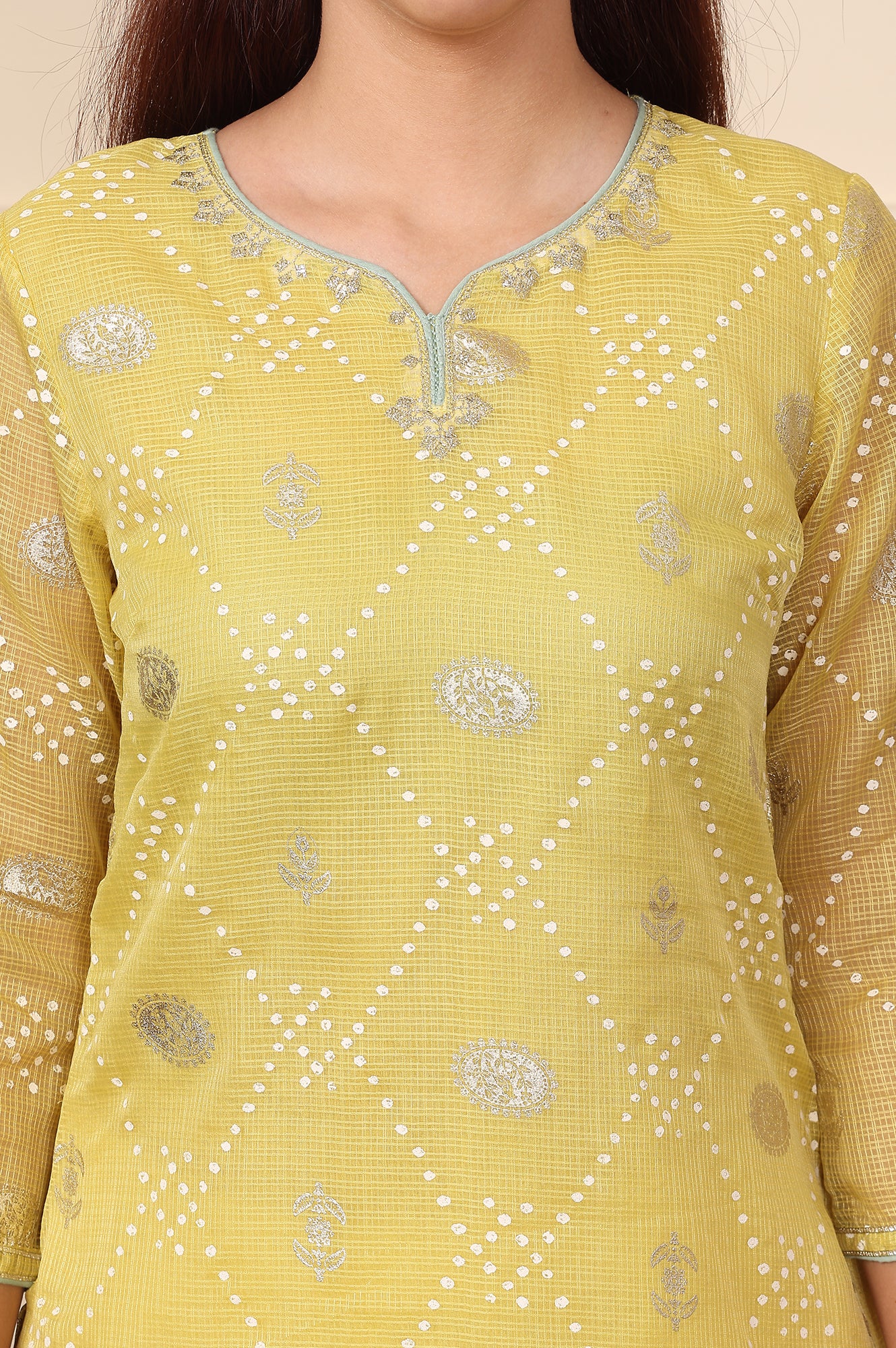 Yellow Foil Printed Kota Doriya Kurta With Zari Embroidered Neck - wforwoman