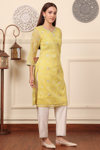 Yellow Foil Printed Kota Doriya Kurta With Zari Embroidered Neck - wforwoman