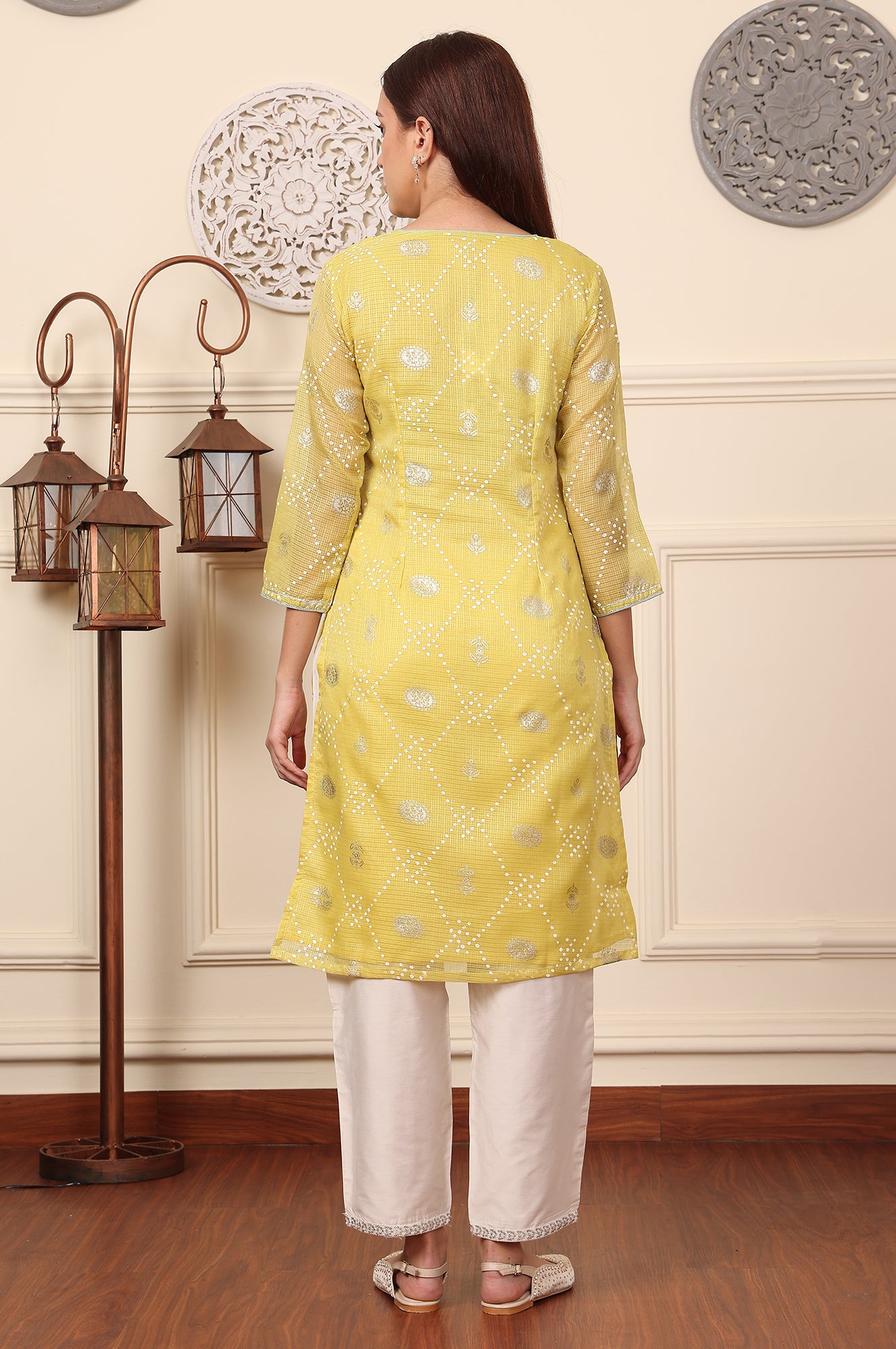 Yellow Foil Printed Kota Doriya Kurta With Zari Embroidered Neck - wforwoman