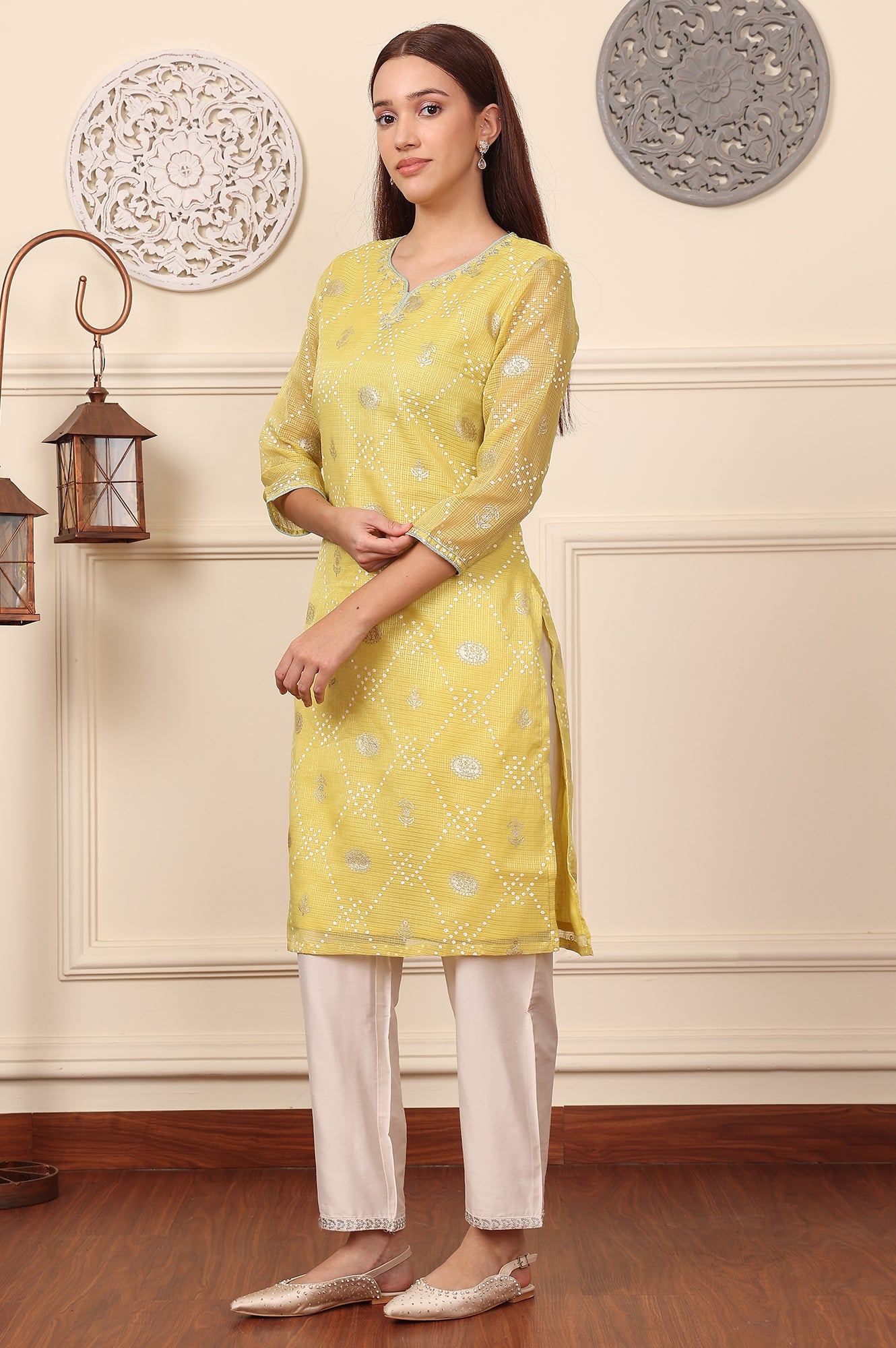 Yellow Foil Printed Kota Doriya Kurta With Zari Embroidered Neck - wforwoman