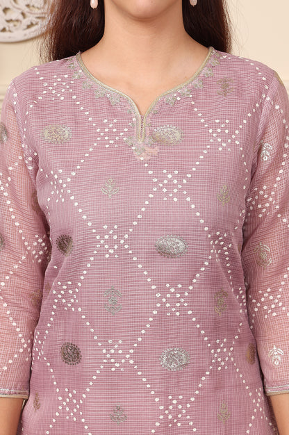 Lilac Foil Printed Kota Doriya Kurta With Zari Embroidered Neck - wforwoman