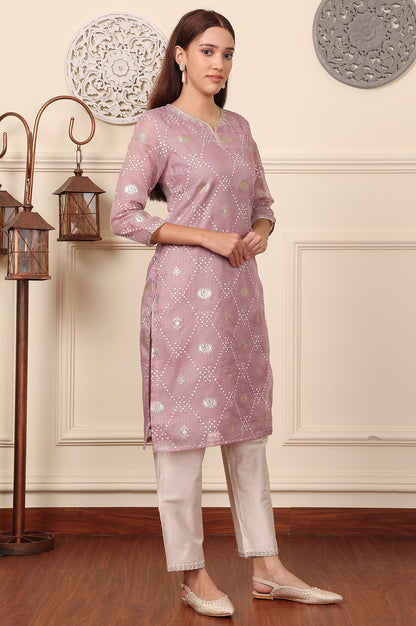 Lilac Foil Printed Kota Doriya Kurta With Zari Embroidered Neck - wforwoman