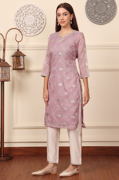 Lilac Foil Printed Kota Doriya Kurta With Zari Embroidered Neck - wforwoman