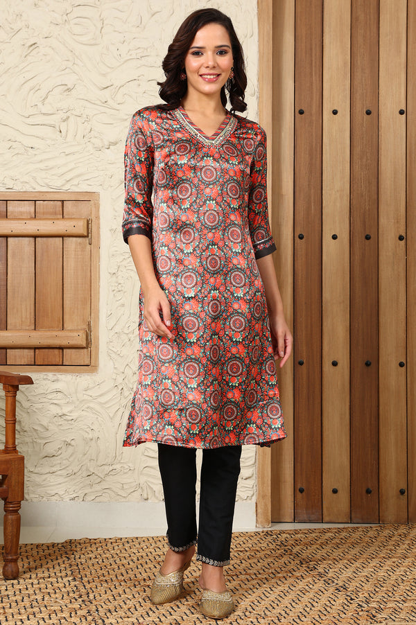 Black Floral Printed Embellished Japanese Satin Straight Kurta