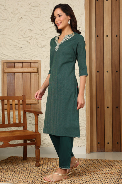 Green Yarn-Dyed Embroidered Cotton Flax Straight Kurta With Lurex Stripes - wforwoman