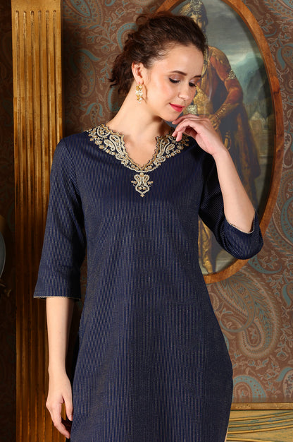 Blue Cotton Lurex Festive Kurta With Embroidered Neckine