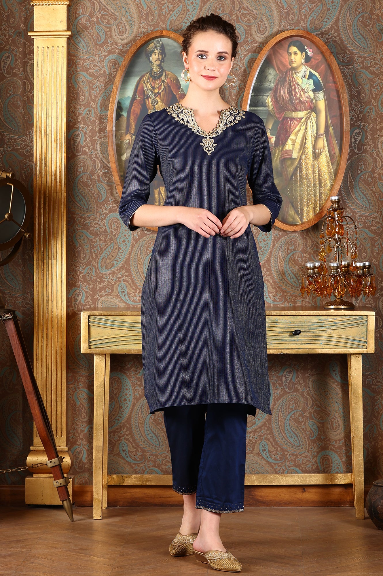 Blue Cotton Lurex Festive Kurta With Embroidered Neckine