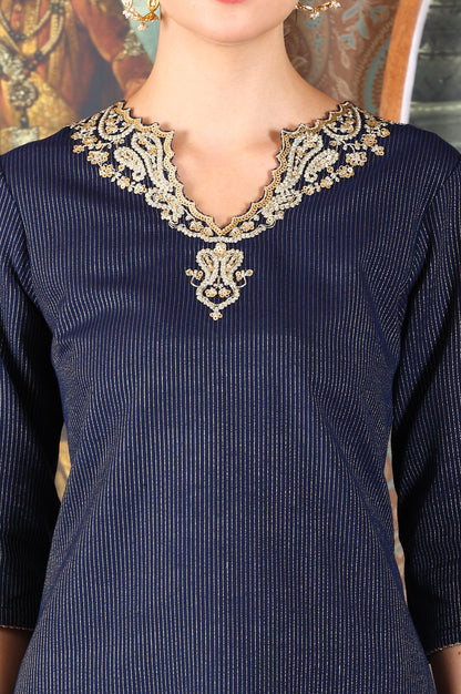 Blue Cotton Lurex Festive Kurta With Embroidered Neckine