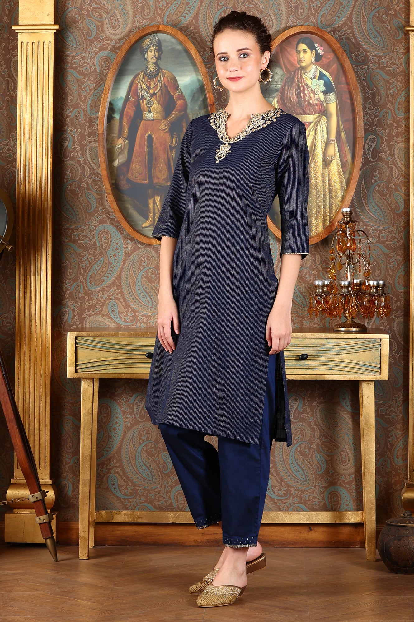 Blue Cotton Lurex Festive Kurta With Embroidered Neckine