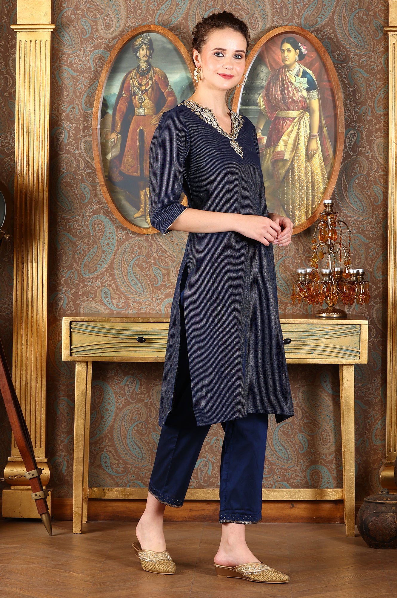 Blue Cotton Lurex Festive Kurta With Embroidered Neckine