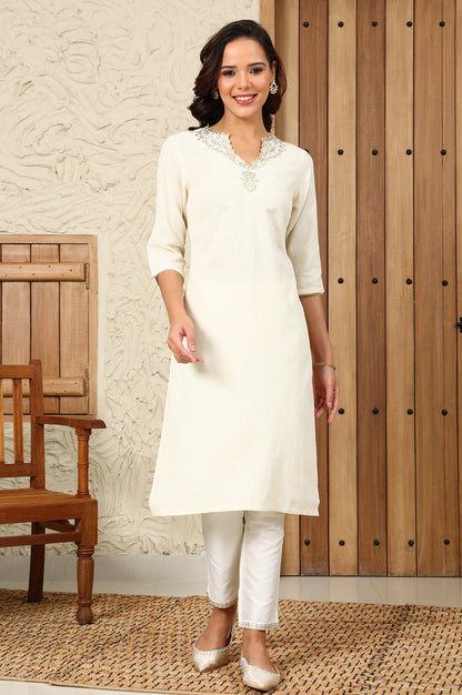 White Yarn-Dyed Embroidered Cotton Flax Straight Kurta With Lurex Stripes - wforwoman