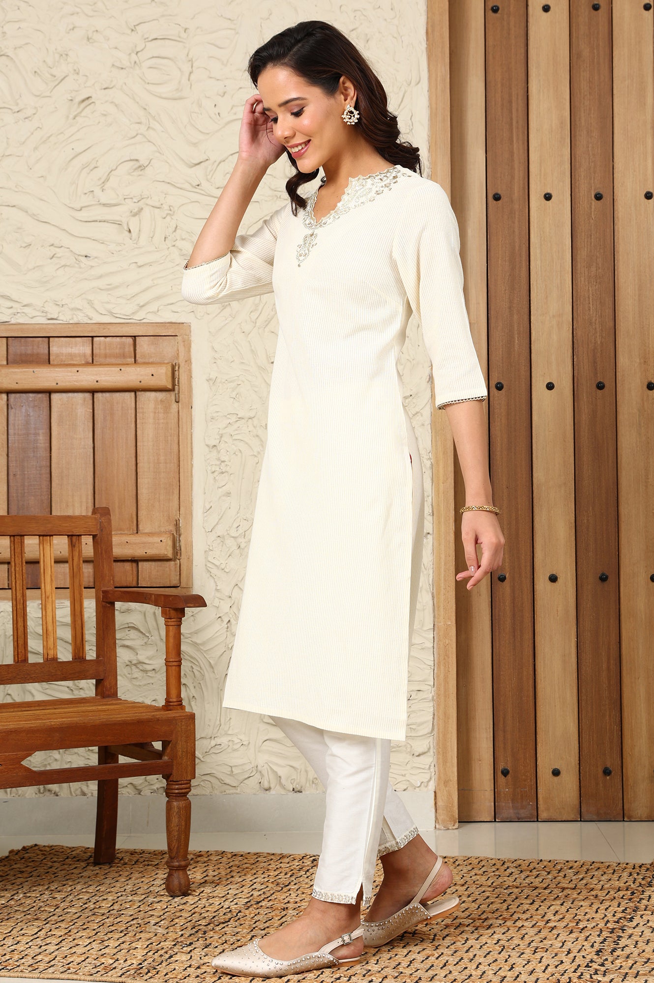 White Yarn-Dyed Embroidered Cotton Flax Straight Kurta With Lurex Stripes - wforwoman