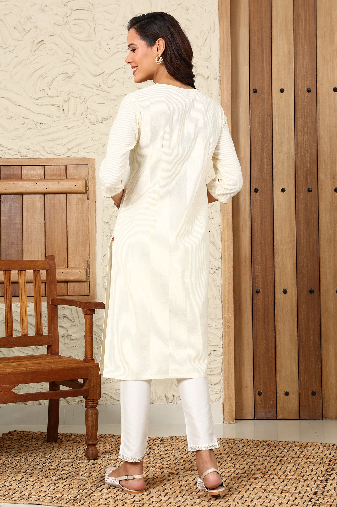 White Yarn-Dyed Embroidered Cotton Flax Straight Kurta With Lurex Stripes - wforwoman