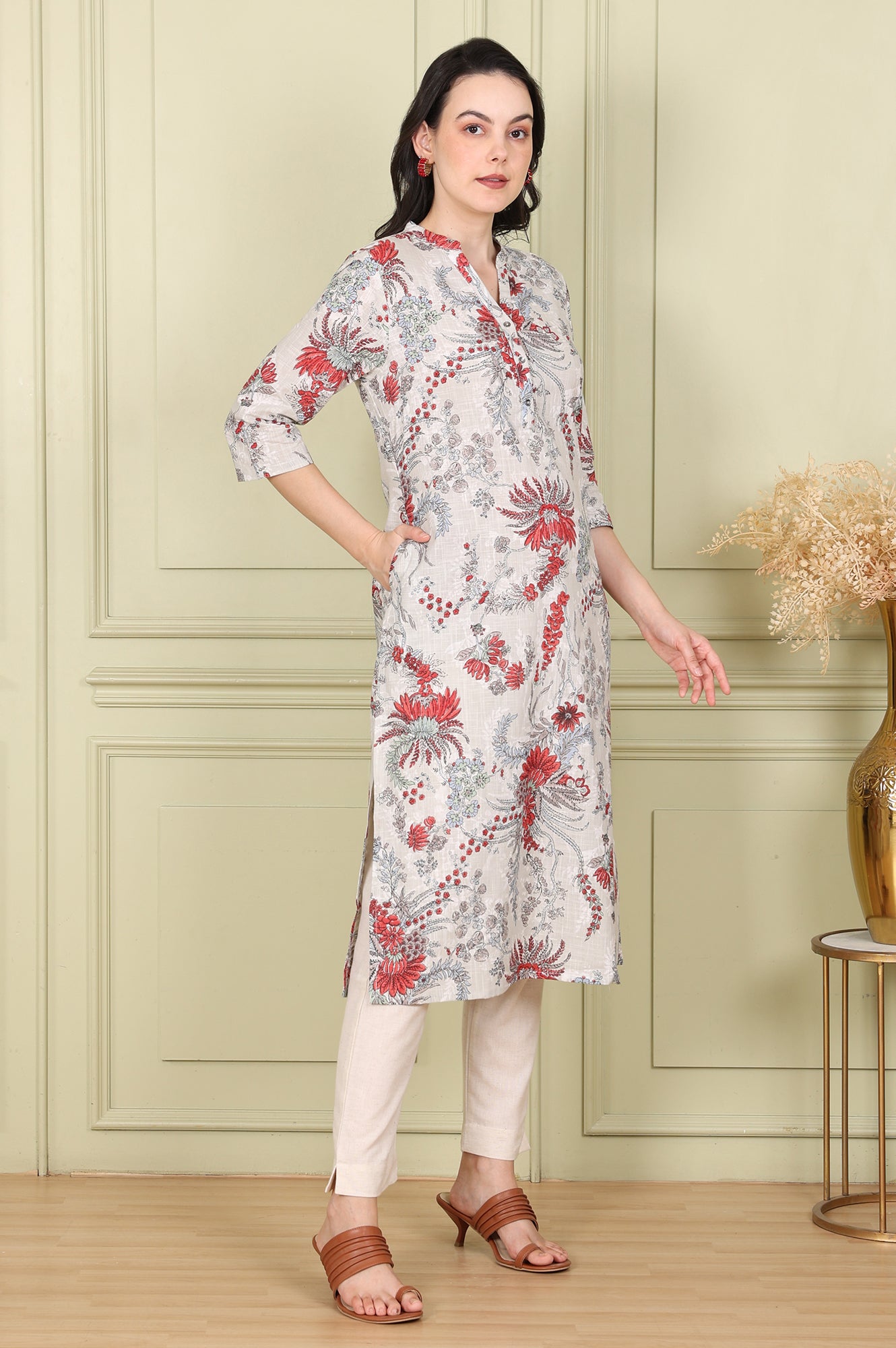 White Floral Printed Pure Cotton Straight Kurta - wforwoman