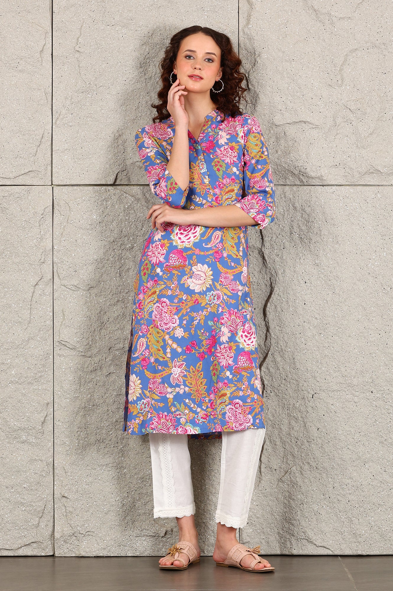 Blue Floral Printed Rayon Straight Kurta