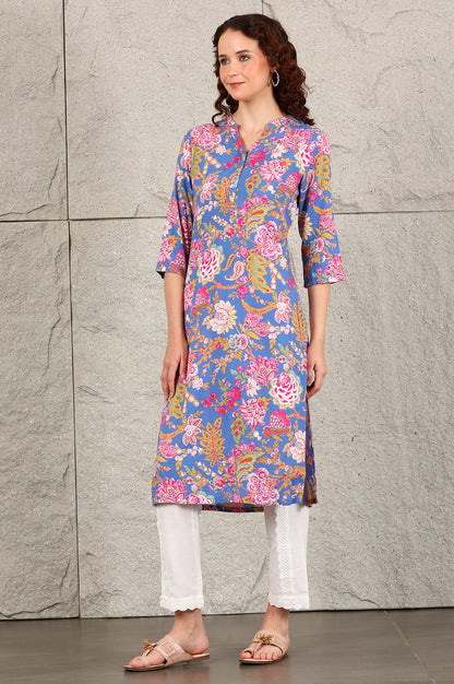 Blue Floral Printed Rayon Straight Kurta